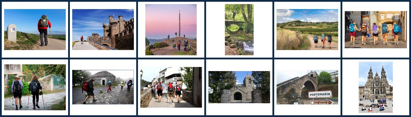 Peregrinos e marcos do Caminho de Santiago de Compostela
