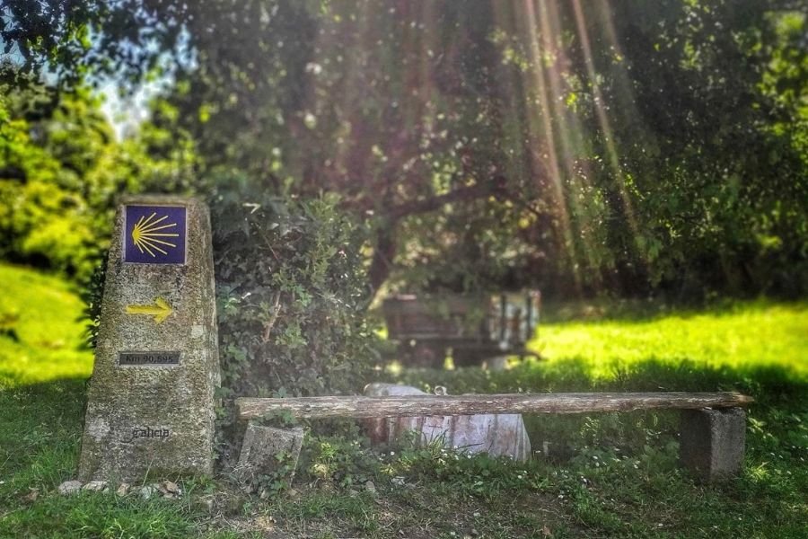 Ein Wegstein aus Granit mit gelber Jakobsmuschel und Pfeil neben einer Holzbank auf einer sonnigen Wiese