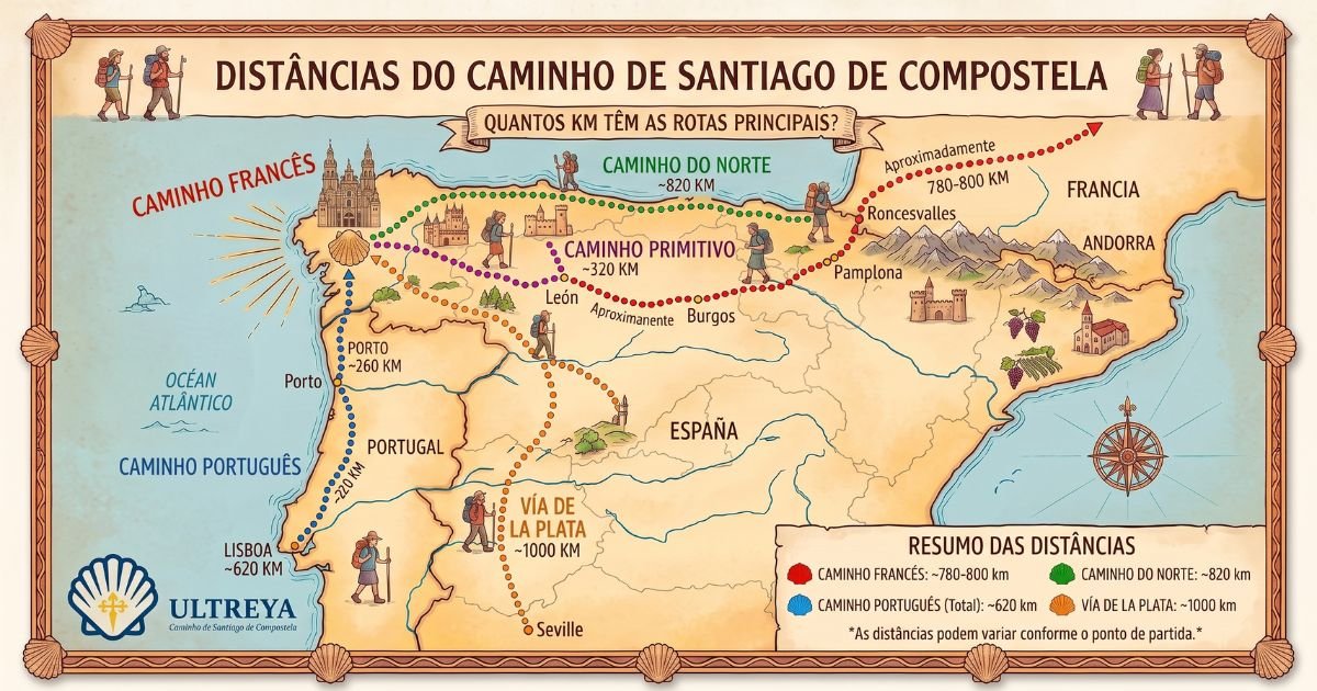 Gelber Pfeil und Wegstein mit der verbleibenden Entfernung bis Santiago de Compostela