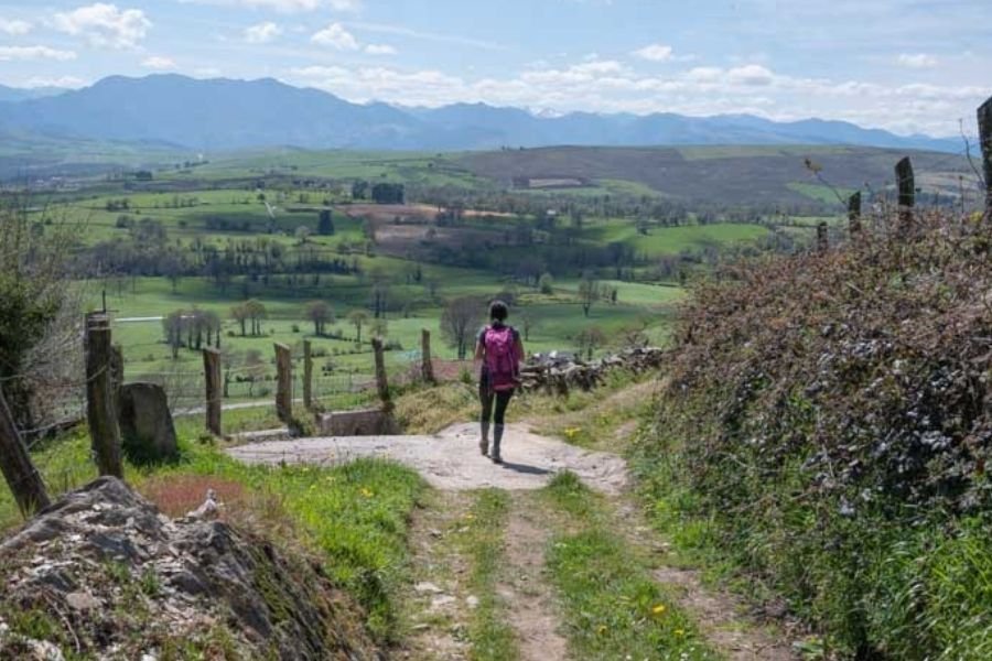 Una pellegrina scende lungo un sentiero sterrato tra i prati, con le montagne asturiane sullo sfondo