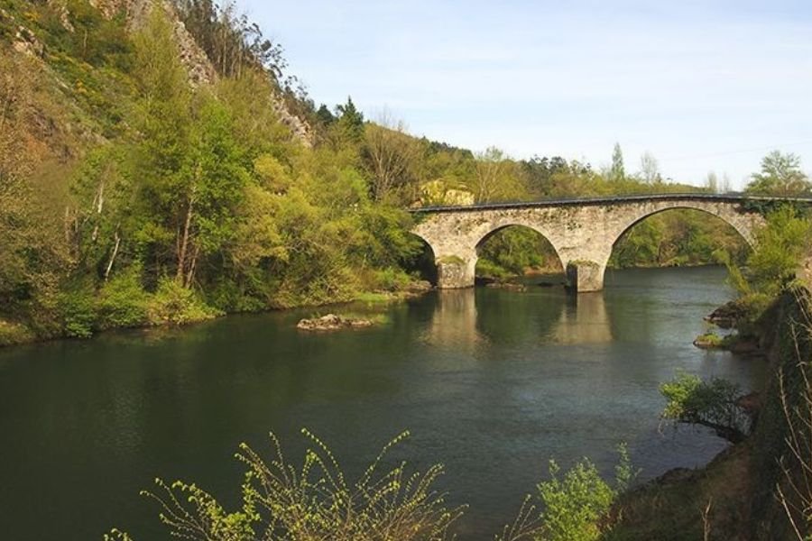 Uma ponte de pedra de vários arcos sobre um rio largo, entre bosques