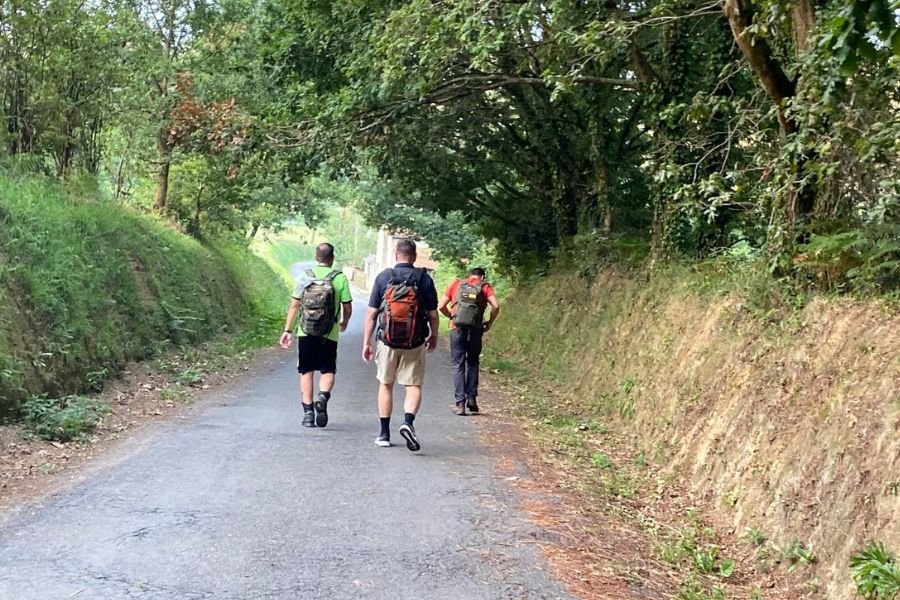 Três peregrinos a subir um caminho rural estreito, à sombra das árvores, na etapa de Betanzos a Bruma