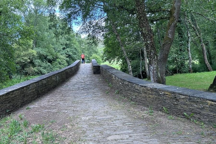 A pilgrim crosses a medieval stone bridge among trees, on the stage from Vilalba to Baamonde