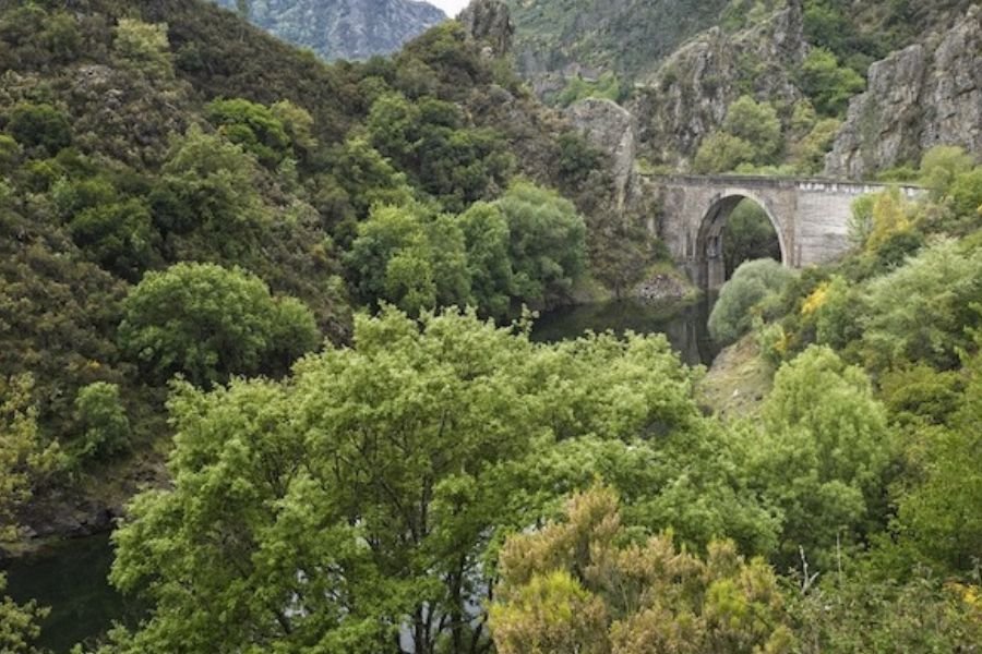 A single-arch stone bridge over a river, between rocky, wooded slopes
