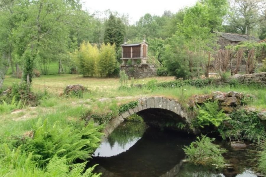 A small stone bridge over a stream and a Galician hórreo (granary) among trees