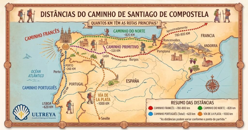 Yellow arrow and stone waymarker showing the distance left to Santiago de Compostela